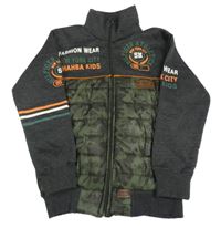 Šedo-army teplákovo/šusťáková bundomikina s nápisy 