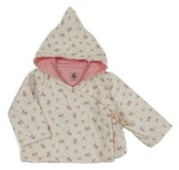 Bílá plátěná zavinovací zateplená bunda s kytičkami a kapucí Petit Bateau