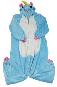 Tyrkysovo-bílá chlupatá kombinéza s kapucí - jednorožec