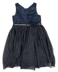 Tmavomodré šusťákovo/tylové šaty s květem H&M