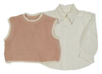 2set - Bílá halenka s kamínky + světlerůžová svetrová crop vesta