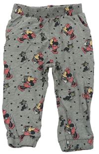 Šedé melírované teplákové kalhoty s Minnie a srdíčky zn. Disney
