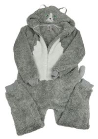 Šedo-bílá melírovaná chlupatá kombinéza s kapucí - kočička 