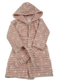 Světleůrůžovo-bílý puntíkatý žebrovaný plyšový župan s kapucí zn. F&F