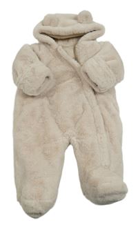 Světlebéžová kožešinová zateplená kombinéza s kapucí s oušky Matalan