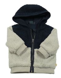 Tmavomodro-světlebéžový huňatý podšitý bomber s kapucí baby face