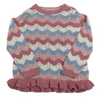 Starorůžovo-bílo-modr-světlerůžový ažurový svetr s volánkem John Lewis