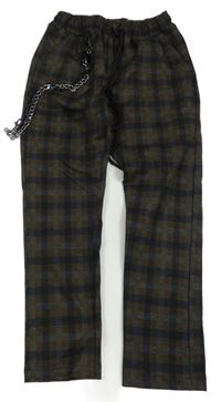 Tmavohnědo/tmavomodré kostkované melírované úpletové kalhoty F&A