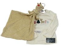 Nové - 2Set - Bílé vánoční triko s obrázky + béžový plyšový usínáček se sobem George