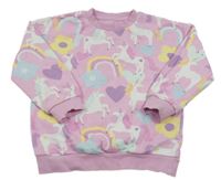 Růžová oversize mikina s jednorožci a duhami a květy a srdíčky F&F