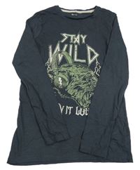 Tmavošedé melírované triko se šelmou a sluchátky a nápisy Tu