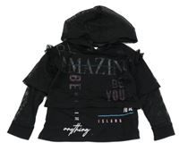 Černé triko s nápisy a síťovaným bolérkem s kanýrky a kapucí RIVER ISLAND