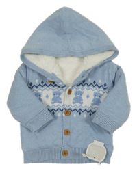 Nové - modro-bílý propínací zateplený svetr s medvídky a vzorem a kapucí little nutmeg