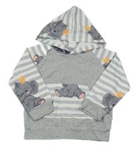 Šedo-bílá melírovaná pruhovaná mikina se sloníky a kapsou a kapucí