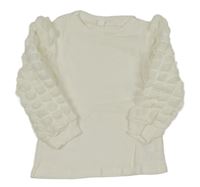 Bílé žebrované mikinotriko s balonovými kostkovanými mačkanými rukávy