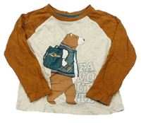 Béžovo-skořicové triko s medvídkem a nápisy Dopodopo