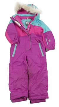 Fuchsiovo-tmavorůžovo-modrá šusťáková zimní funkční kombinéza s kapucí s kožešinou Nevica