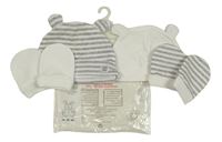 Nové - 4set - Bílá bavlněná čepice s oušky + šedo-bílá pruhovaná + 2x rukavičky Dunnes