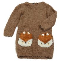 Hnědé třpytivé chlupaté svetrové šaty s kapsami s liškami George