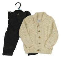Nové - 2set - Béžový propínací svetr + antracitovo-černé kostkované plátěné chino kalhoty F&F