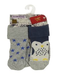 Nové - 2x ponožky - šedé melírované s hvězdami + tmavomodro-šedo-bílé s tučňákem M&S