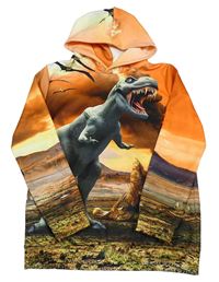 Oranžovo-hnědá mikina s dinosaurem a kapucí