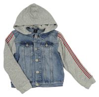 Modrá riflová bunda s teplákovými rukávy a kapucí 