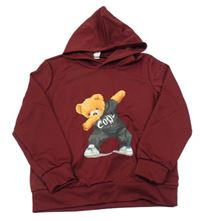 Vínová lehká mikina s medvědem a kapucí shein