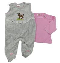 2 set - šedé sametové dupačky s kolouškem + růžové triko 