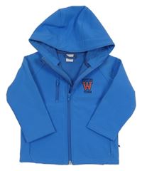 Modrá sofshellová bunda s výšivkou a kapucí 