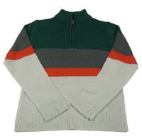 Tmavozeleno-šedo-červený svetr 