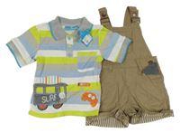 Nové - 2 set - zeleno-bílo-modré pruhované polo tričko s autem + hnědé plátěné laclové kraťasy 