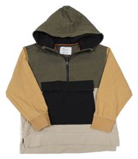 Khaki-béžovo-černá mikina s kapucí Zara