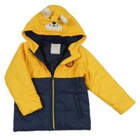 Žluto-tmavomodrá šusťáková zimní bunda s lvíčkem a kapucí 