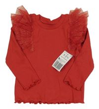 Nové - Červené žebrované triko s tylovými třpytivými volánky Matalan