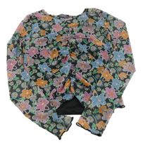 Černo-barevné květované šifonové crop triko s všitým topem Primark