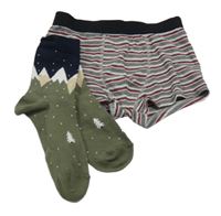 2set - šedo-červené pruhované boxerky + Kahki-tmavomodré ponožky 