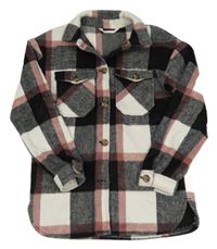 Černo-bílo-růžová kostkovaná flaušová košilová bunda H&M