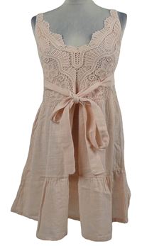 Dámské světlerůžové mušelínovo/krajkové šaty s páskem 