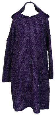 Dámské fialové třpytivé svetrové šaty s kapucí 