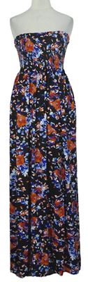 Dámské černo-modro-oranžové květované žabičkové dlouhé šaty 