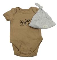 2set- hnědé body s pandami+ světlešedá čepice s nášivkou 