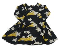 Černé bavlněné šaty s pandami a hvězdami 