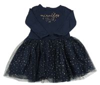 Tmavomodré teplákovo/tylové šaty s nápisem a hvězdičkami 