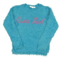 Azurový chlupatý svetr s nápisem z flitrů Kids
