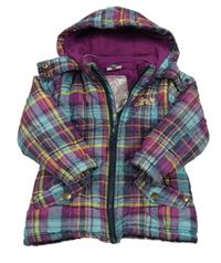 Světlemodro-růžová kostkovaná šusťáková zimní parka s kapucí Topolino