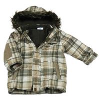 Béžovo-khaki kostkovaná šusťáková zimní bunda s nášivkou akapucí Topomini