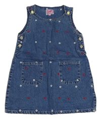 Tmavomodré riflové laclové šaty s výšivkami a kapsami 