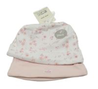 Nové - 2x bavlněná čepice - bílá květovaná + světlerůžová 