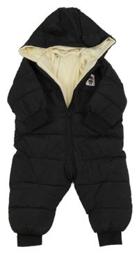 Černá šusťáková prošívaná zimní kombinéza s medvídkem a kapucí 